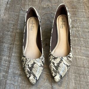 Clarks Pointed Snake-Print Heels in Beige and Brown